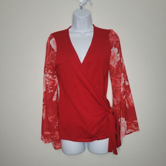 Inc international red knit wrap floral sheer sleeves Boho Stevie Nicks top Med - Picture 1 of 6